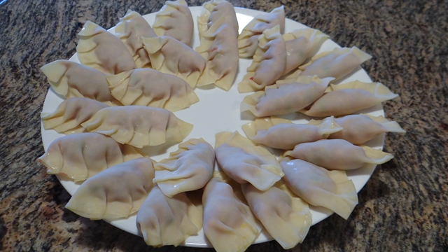 Plate of raw potstickers.